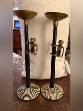 Vintage Brass Monkey Candle Holder Swahili import Animal set of MCM Hollywood